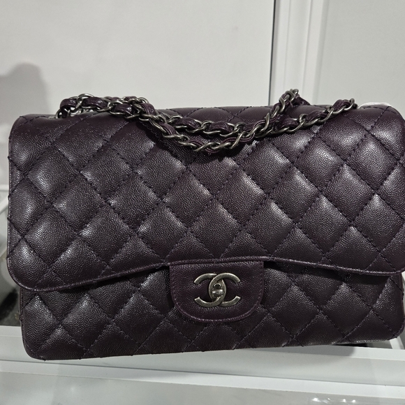 CHANEL Handbags - Chanel Jumbo Double Flap Cavier Purple/Plum  Leather Chain Bag